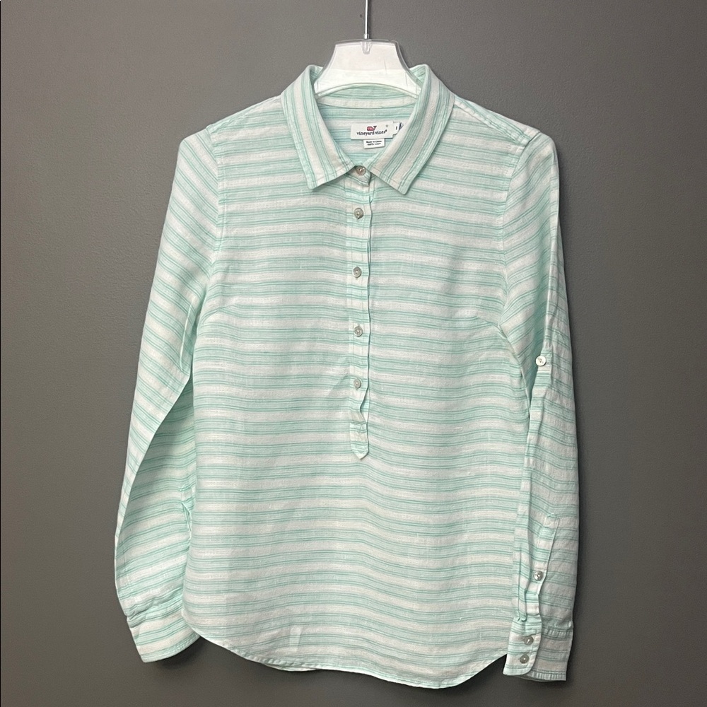 Vineyard Vines Light Green Striped 100% Linen Nautical Long Sleeve Shirt Size 8